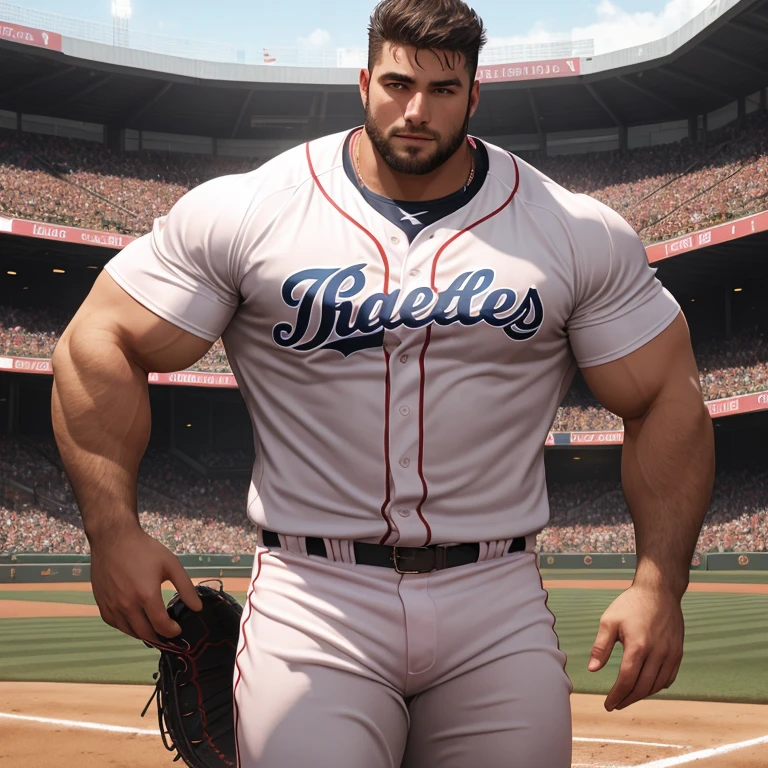 Hot handsome macho baseball player in a baseball field, fit body, elegant, charming, kind, scruff, hairy, big body, manly and masculine, symmetrical eyes, beautiful eyes, high Resolution, Masterpiece,Best Quality, God Rays, big pecs, big arms, daddy, father, dad body, stocky, thick thighs, pink perky nipples