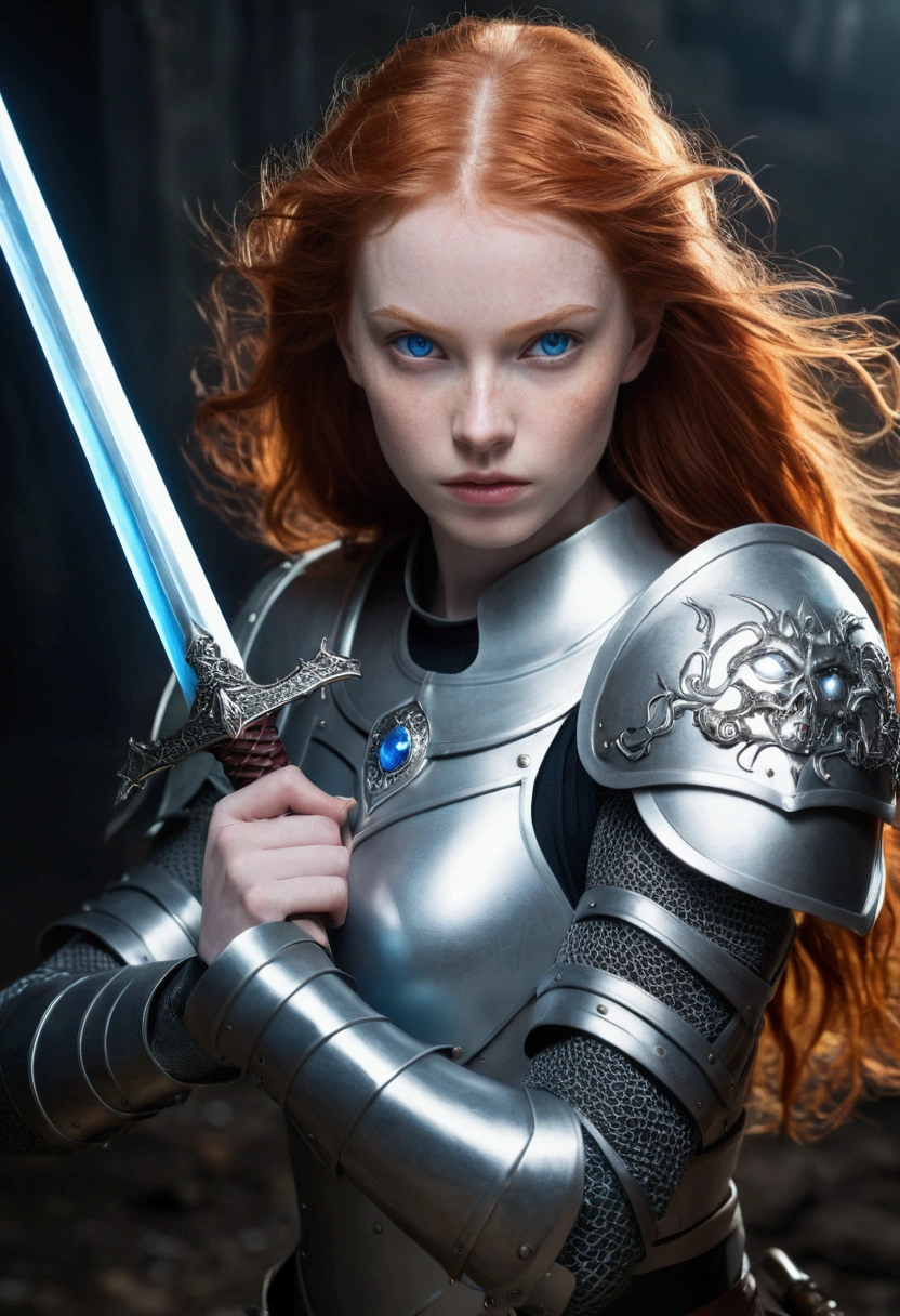 Armored white shaved redhead girl with blue eyes killing evil monsters with a sword