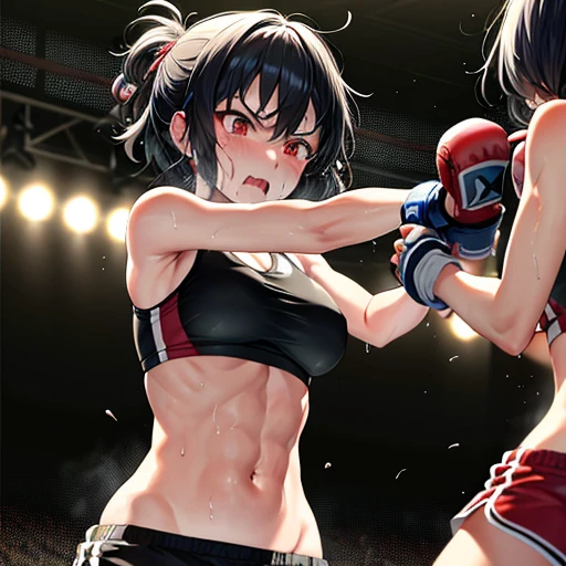 two bloody japanese girl fighters are fighting in the octagon ring. they are attacking each other by dynamic punch. they have no energy. they have short-cut black hair, shortness of breath, drool from her mouth, closed eye, exhaustion, and sweat soaked. open finger grobe. Muscularity. Six pack abs. Erect nipples. they are wearing arm-covers, sports-bra, high-leg shorts.