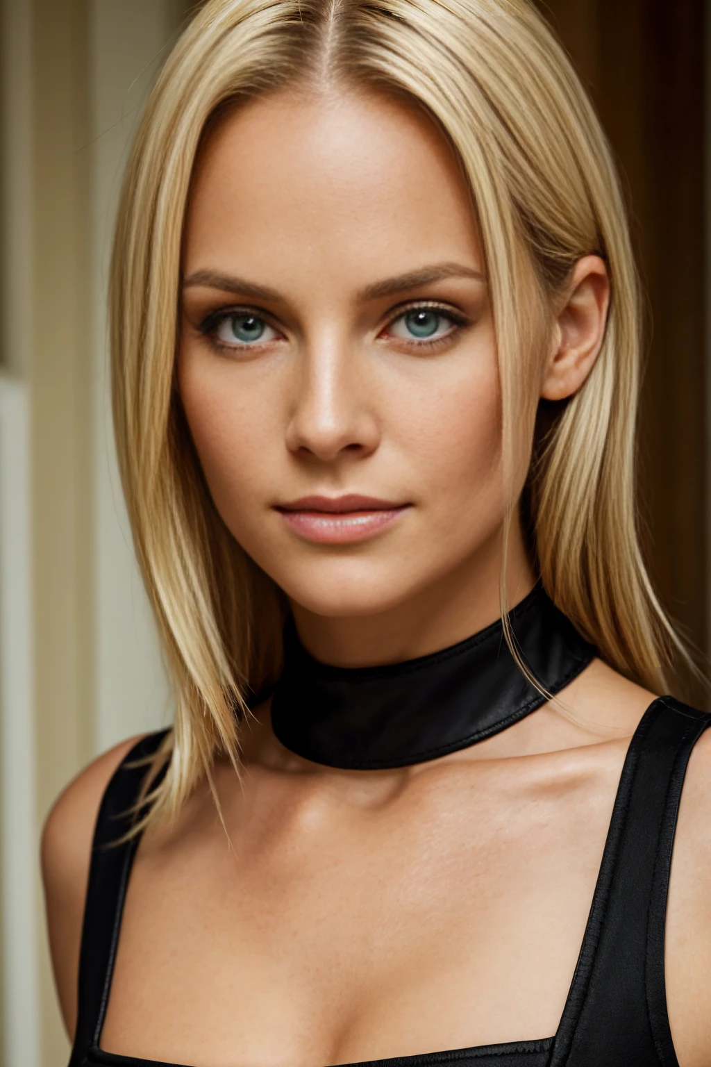 close up portrait of a blond haired adult woman, bright green eyes, exquisite detail, 30-megapixel, 4k, 85-mm-lens, sharp-focus, f:8, ISO 100, shutter-speed 1:125, diffuse-back-lighting, award-winning photograph, small-catchlight, high-sharpness, facial-symmetry, black crop top, black knee high boots