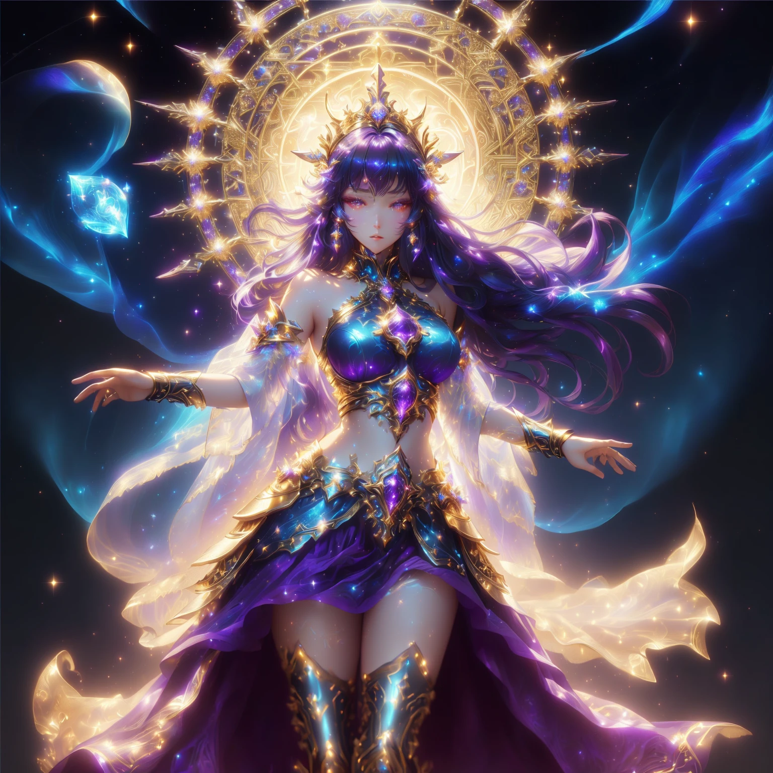 A woman in a purple dress and golden armor with a glowing halo.,Black hair, beautiful celestial mage, portrait Knight of the Zodiac, anime goddess, goddess of heaven, Beautiful Fantasy Empress, Masterpiece of the Goddess of Sorrow, Knight of the Zodiac, ((Beautiful Fantasy Empress)), Fantasy anime artwork, Goddess of the Galaxy, fantasy anime illustration, Goddess of Light, A very detailed RTM pathogen.