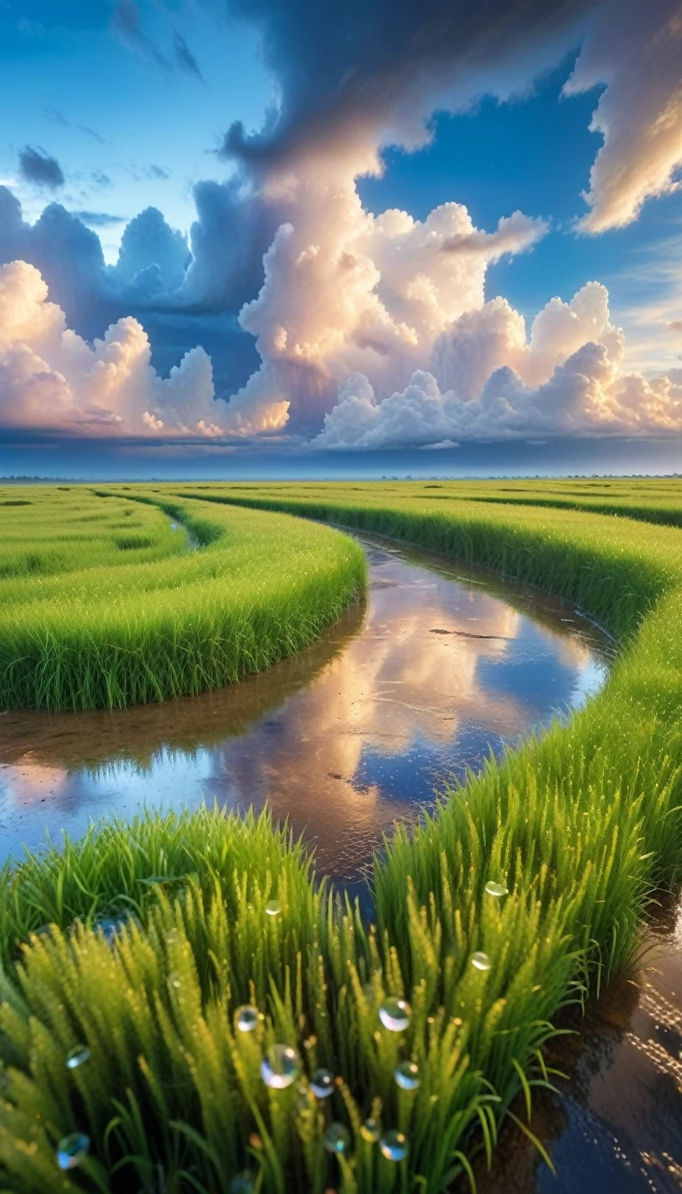 short hair,Beautiful sky, Beautiful Clouds, rain,grassland,(Crystal clear rain sparkles in the sky), masterpiece,High resolution,Wide-angle lens