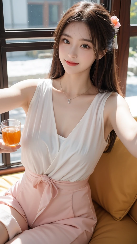 Best quality，masterpiece，Ultra-high resolution，（Realistically：1.2），1 girl，Blink，Selfie，Elegant color Hanfu，Lady hairstyle，Oval face，no head gear，Charming smile，Double eyelids，A pair of peach blossom eyes，，Necklace，cute，Snow-white and translucent skin，Look directly at the audience，In the tea room，Make tea，peaceful,Beautifully，Full of atmosphere，（Upper part of the body：1.3）