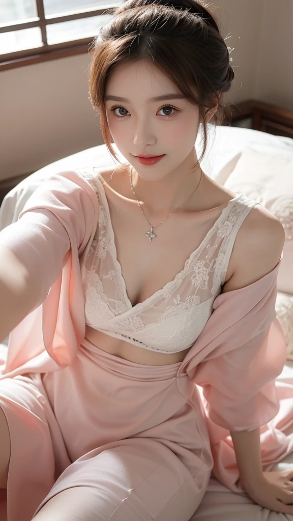 Best quality，masterpiece，Ultra-high resolution，（Realistically：1.2），1 girl，Blink，Selfie，Elegant color Hanfu，Lady hairstyle，Oval face，no head gear，Charming smile，Double eyelids，A pair of peach blossom eyes，，Necklace，cute，Snow-white and translucent skin，Look directly at the audience，In the tea room，Make tea，peaceful,Beautifully，Full of atmosphere，（Upper part of the body：1.3）