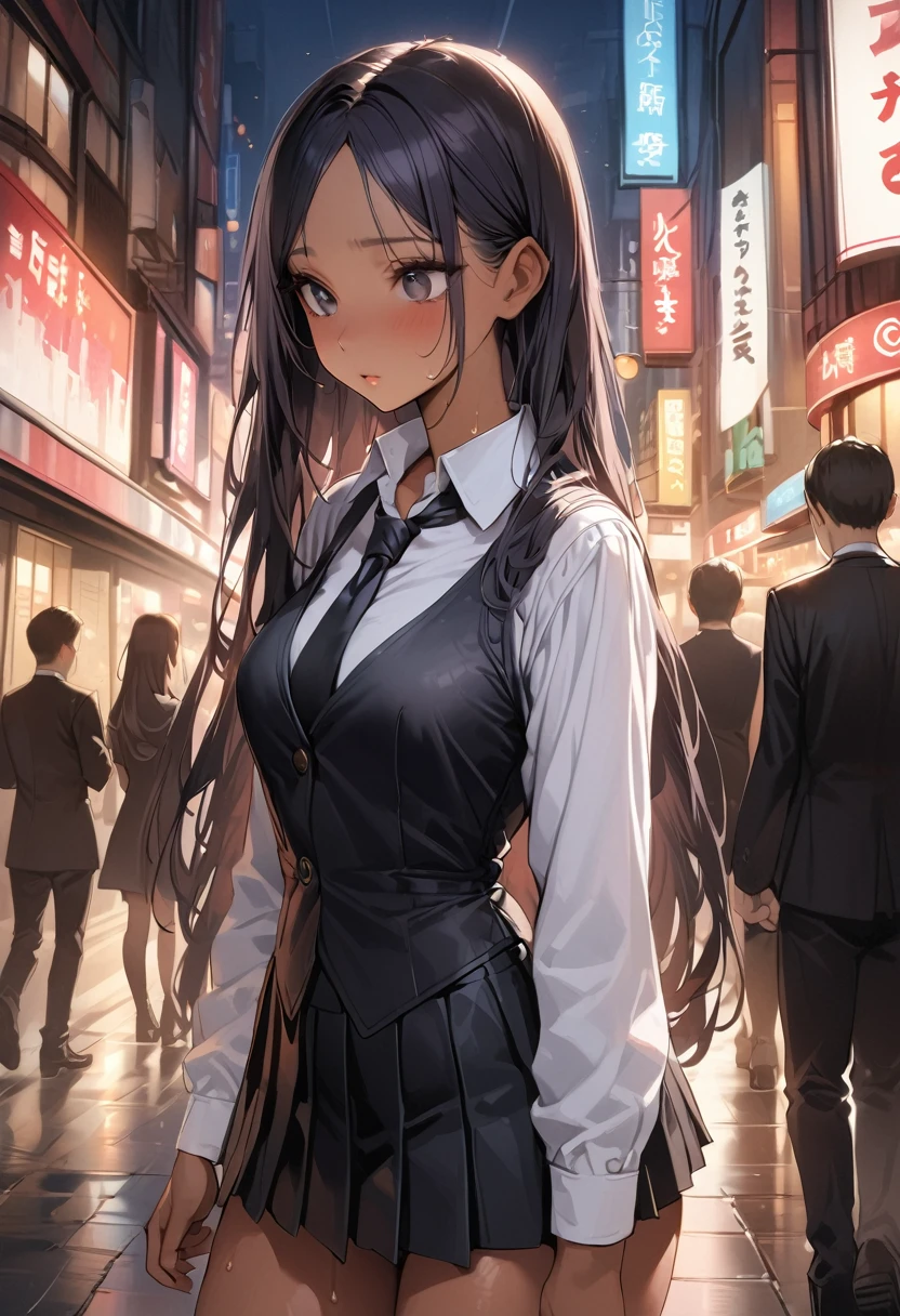 ((masterpiece,Highest quality:1.3,best quality illustration)),realistic,cowboy shot,1woman,(22 year old beauty),((very small head:1.4)),ideal ratio body proportions,dark blue hair,straight long hair,bangs,black eyes,gorgeous big eyes,shy、((tan skin,skinny)),(Black vest、Black tie、White collared shirt、Long sleeve、Black pleated mini skirt)),medium breasts,gleaming skin,slender body,sweat,walk,on street,Shinjuku、Tokyo、