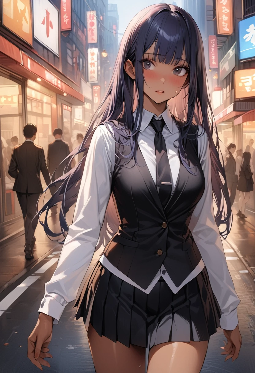 ((masterpiece,Highest quality:1.3,best quality illustration)),realistic,cowboy shot,1woman,(22 year old beauty),((very small head:1.4)),ideal ratio body proportions,dark blue hair,straight long hair,bangs,black eyes,gorgeous big eyes,shy、((tan skin,skinny)),(Black vest、Black tie、White collared shirt、Long sleeve、Black pleated mini skirt)),medium breasts,gleaming skin,slender body,sweat,walk,on street,Shinjuku、Tokyo、