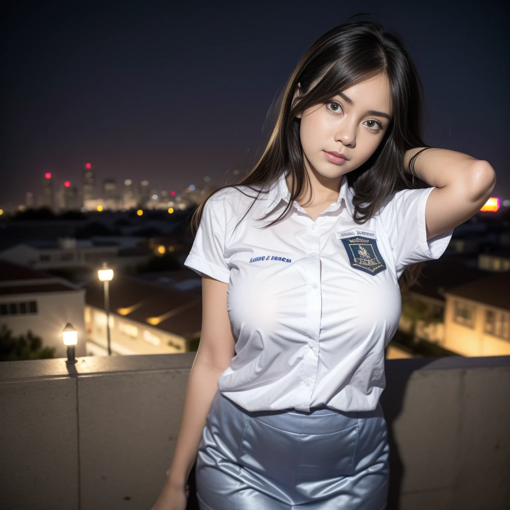 1girl, (uniform), standing, outdoors, night view, detailed Metropolitan city at the background, (above head shot: 1.4), detailed face, detailed eyes, brunette, big breasts, smooth realistic skin, semi-curvy body, white shirt, grey blue hot miniskirt , looking at the audience, (8k, RAW photo, best quality, masterpiece: 1.2), (realistic, realistic: 1.37), ultra-high resolution