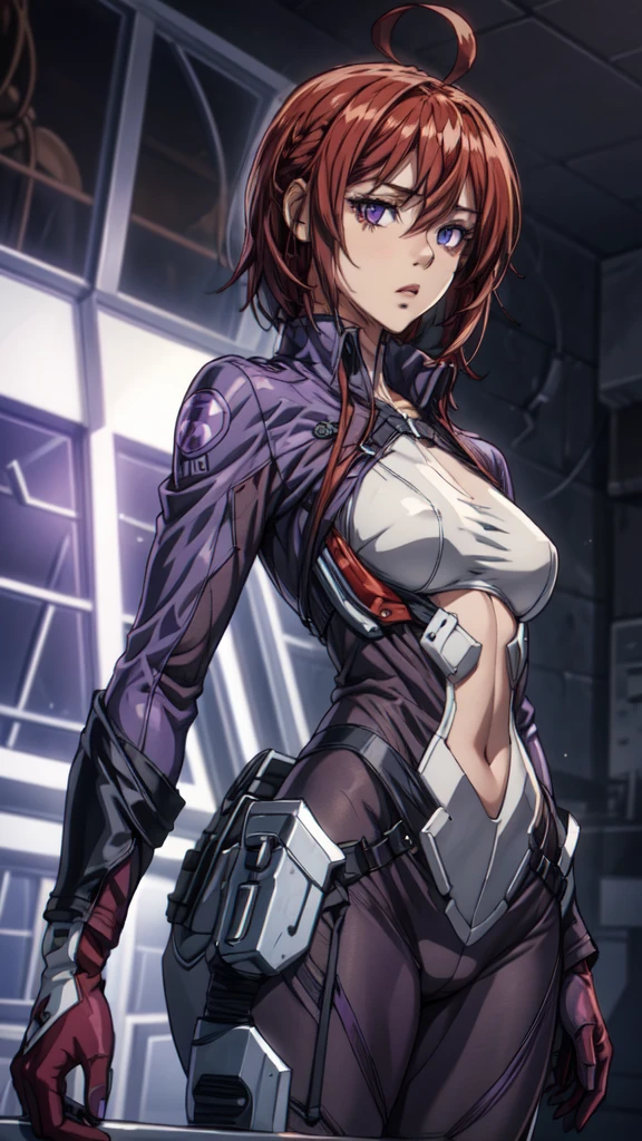 masterpiece, best quality, highres, 1girl, solo, short hair, ahoge, red hair, purple eyes, purple hair, pilot suit, gloves, cowboy shot, standing,