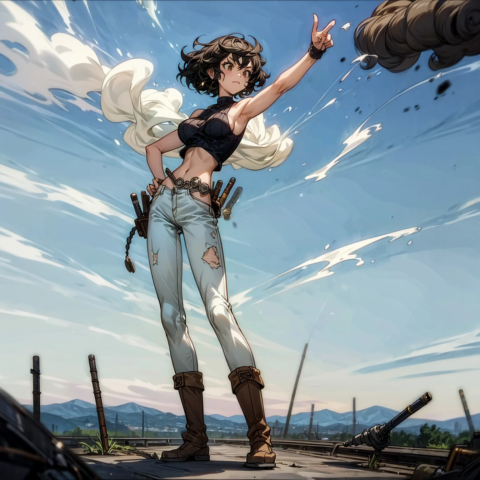 Solo, (girl), full body version, Grassroots, background in outdoor town, black hair, short Curly haircut, green eyes, White singlet t-shirt, long jeans, brown shoes, standing battle gesture, revolver in hand, smoke effect, Fire effect, smiley face, Big breasts