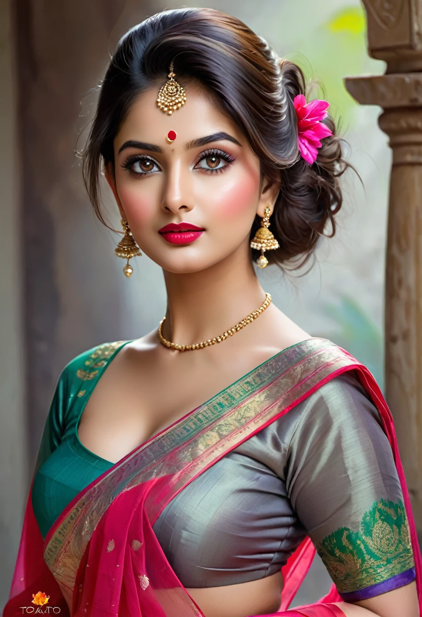 perfect pink eyes, fantastic face, Indian, beautiful look, ((red lips, bright eyes, curve heir 1.5)), ((beautiful details medium breast )), A glorious gorgeous, glorious gorgeous face, pretty face, bright eyes, detailed elegant printed silk saree, updo elegant hair, blurred gray tones background, ultra focus, face ilumined, face detailed, 8k resolution, painted, dry brush, brush strokes, razumov style and garmash style, by Tokaito,  ((Full Open )), full body, sexy open thin belly, sexy, sexy, sexy, sexy, very realistic, very realistic