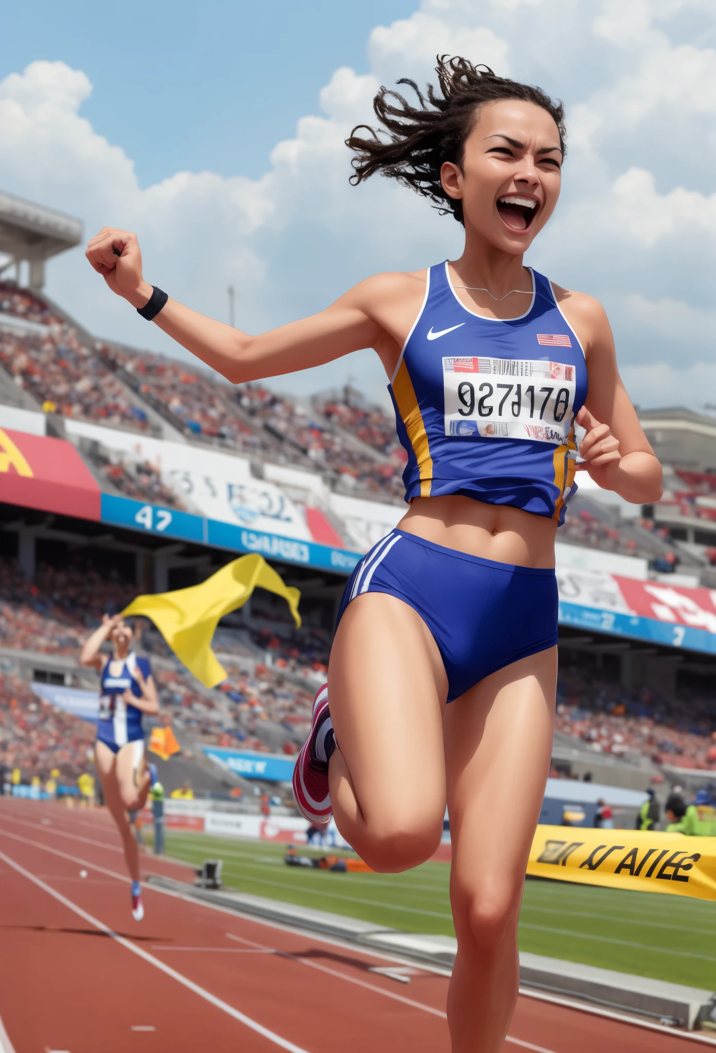 woman running on a track with an american flag in her hand, carole feuerman, victory lap, triumphant pose,photo still, triumphant, viral image, wearing track and field suit, 1 st winner, sprinting, stock photo, excitement