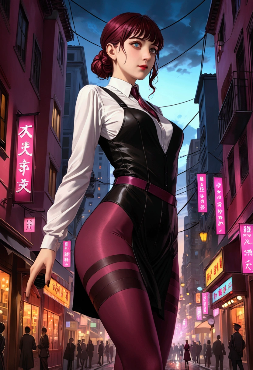 (1 girl), work of art, photopractical, 8k, (practical: 1.2), all-body, looking at the audience, pantyhose, Medium black hair Double tail, (kafka: 1.2), 行走, Beauthfull, (medium breasts: 1.2) natta, natta sky, citys, citysscape, Raby, (Dramatic: 1.2)