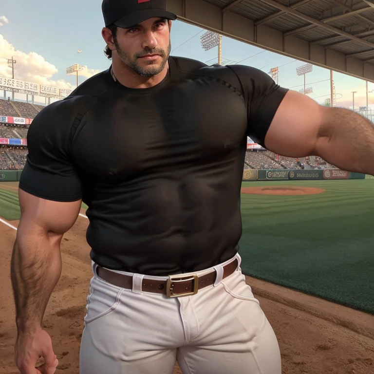 Hot handsome macho baseball player in a baseball field, fit body, elegant, charming, kind, scruff, hairy, big body, manly and masculine, symmetrical eyes, beautiful eyes, high Resolution, Masterpiece,Best Quality, God Rays, big pecs, big arms, daddy, father, dad body, stocky, thick thighs