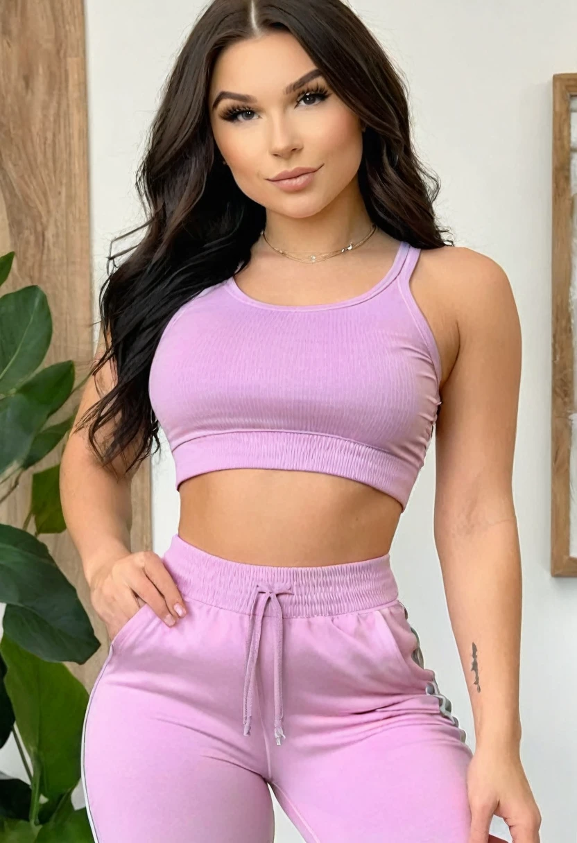 (((high quality:1.2))), Work of art, (8k), extremely detailed, ((High detail:1.2)) ((best resolution)), (Hotlexi woman), (Kenzie Reeves), Solo, ((24 years old brunette female)), (crop top, tight sweatpants), (standing, close),