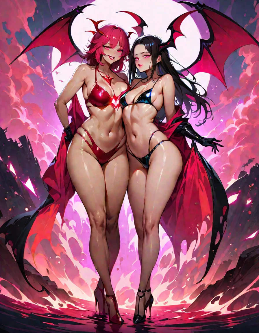 Two young beautiful women,(Highest quality,Extremely detailed depiction,Incredibly absurd high resolution,Anatomically accurate depiction,Curvy Legs),(Glowing Skin,Shiny skin),(Bikini Swimwear,latex,Wet body),eyelash,Sweat,(Glowing pink eyes,Crazy Eyes,There is cleavage in the chest,Wicked Smile,Glossy Red Lips,Flashy makeup,Seductive gestures by two women,Half-closed eyes:1.3),whole body,background:Night Coast,Pink light,Her true identity is a succubus,Devil's Wings