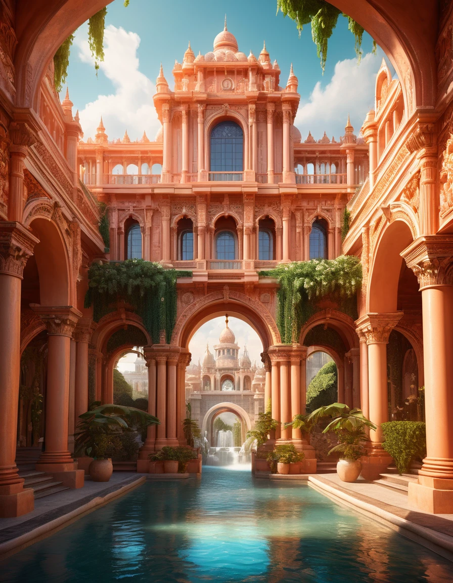 In a beautifully bright futuristic kingdom composed entirely of peach-colored buildings, a towering palace of bright peach color and gleaming amber resin column and a center plaza stands as the focal point of the image. The walls of the palace are adorned with intricate carvings of peach vines and flowers, while peach-colored water flows like streams under a decorated arch bridge through the city streets, statues. vivid and surreal digital painting highly rendered, cinematic, noon, fantasy house, cinematic, extremely detailed, stylized 3d rendering, stylized 3d rendering, beautiful fairytale rendering, amazing, rustic architecture, beautiful 3d rendering, hyper maximalism, vray tracing, octane rendering, hdr, 32k