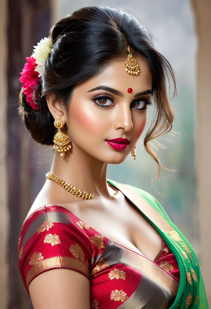 perfect pink eyes, fantastic face, Indian, beautiful look, ((red lips, bright eyes, curve heir 1.5)), ((beautiful details medium breast )), A glorious gorgeous, glorious gorgeous face, pretty face, bright eyes, detailed elegant printed silk saree, updo elegant hair, blurred gray tones background, ultra focus, face ilumined, face detailed, 8k resolution, painted, dry brush, brush strokes, razumov style and garmash style, by Tokaito,  ((Full Open )), full body, sexy open thin belly, sexy, sexy, sexy, sexy, very realistic, very realistic, very realistic, sexy