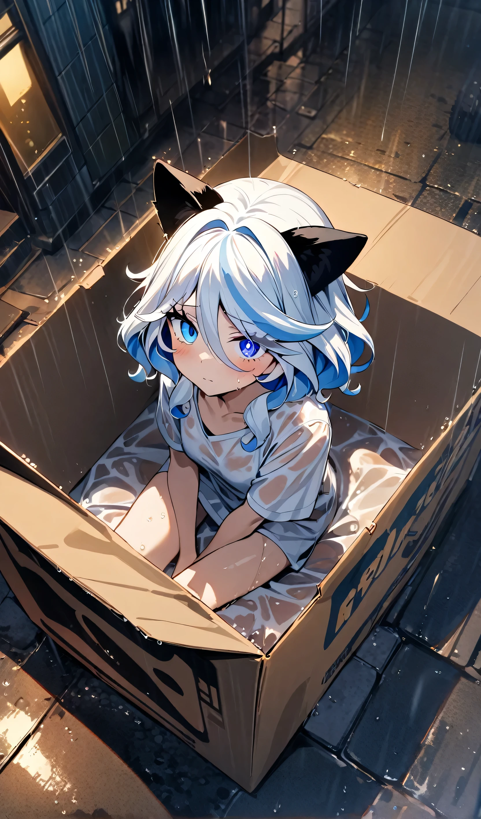 Furina, 1 girl, cat_noir, cat ears,  sitting in a cardboard box, for adoption, in a box, streets, night, rain, raining, wet clothes, wet hair, from above, looking at viewer, shy, very shy, masterpiece, best quality, very aesthetic, absurdres