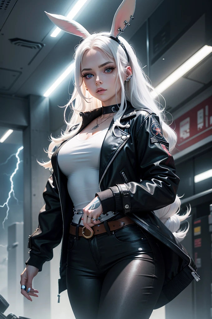 1 female, high res, 4k, anime, long white bunny ears, long hair, white hair, blue eyes, pale skin tone, lightning theme, lightning tattoo, early twenties, long black shirt, jacket, black high-rise pants, Tattoos, ear piercings, curvy, dainty neckless, watch, ring on the right thumb, electricity and lightning around the body