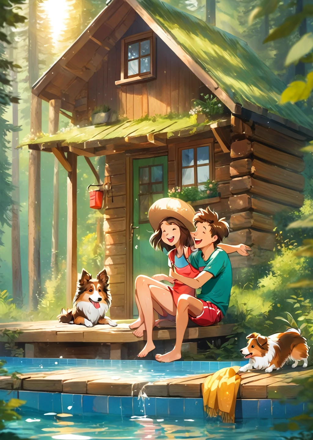 Forest cabin.
two people. love
young couple. man Woman.
sheltie dog
joy
luck
chill
sun
love.
holiday
entertainment.
laughter
Forest cabin.
Outdoor swimming pool.