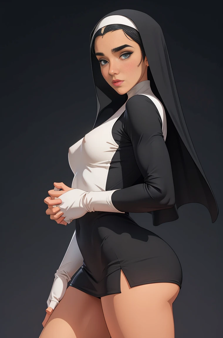 Kizi,, mic, shy, big-ass, long hair, removing her clothes, catholic nun style, sinning, simple underwear , dynamic pose, Panas, soft or colored lips, simple background, perfect hands, Perfect Anatomia, Tilt Style Jennifer Connelly Cartoon style Digital illustration GTA Style