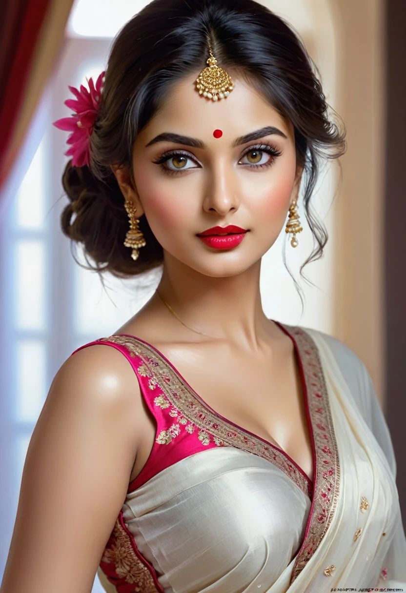 perfect pink eyes, fantastic face, Indian, beautiful look, ((red lips, bright eyes, curve heir 1.5)), ((beautiful details medium breast )), A glorious gorgeous, glorious gorgeous face, pretty face, bright eyes, detailed elegant white thin saree, updo elegant hair, blurred gray tones background, ultra focus, face ilumined, face detailed, 8k resolution, painted, dry brush, brush strokes, razumov style and garmash style, by Tokaito,  ((Full Open )), full body, sexy open thin belly, sexy, sexy, sexy, sexy, very realistic, very realistic, very realistic, sexy