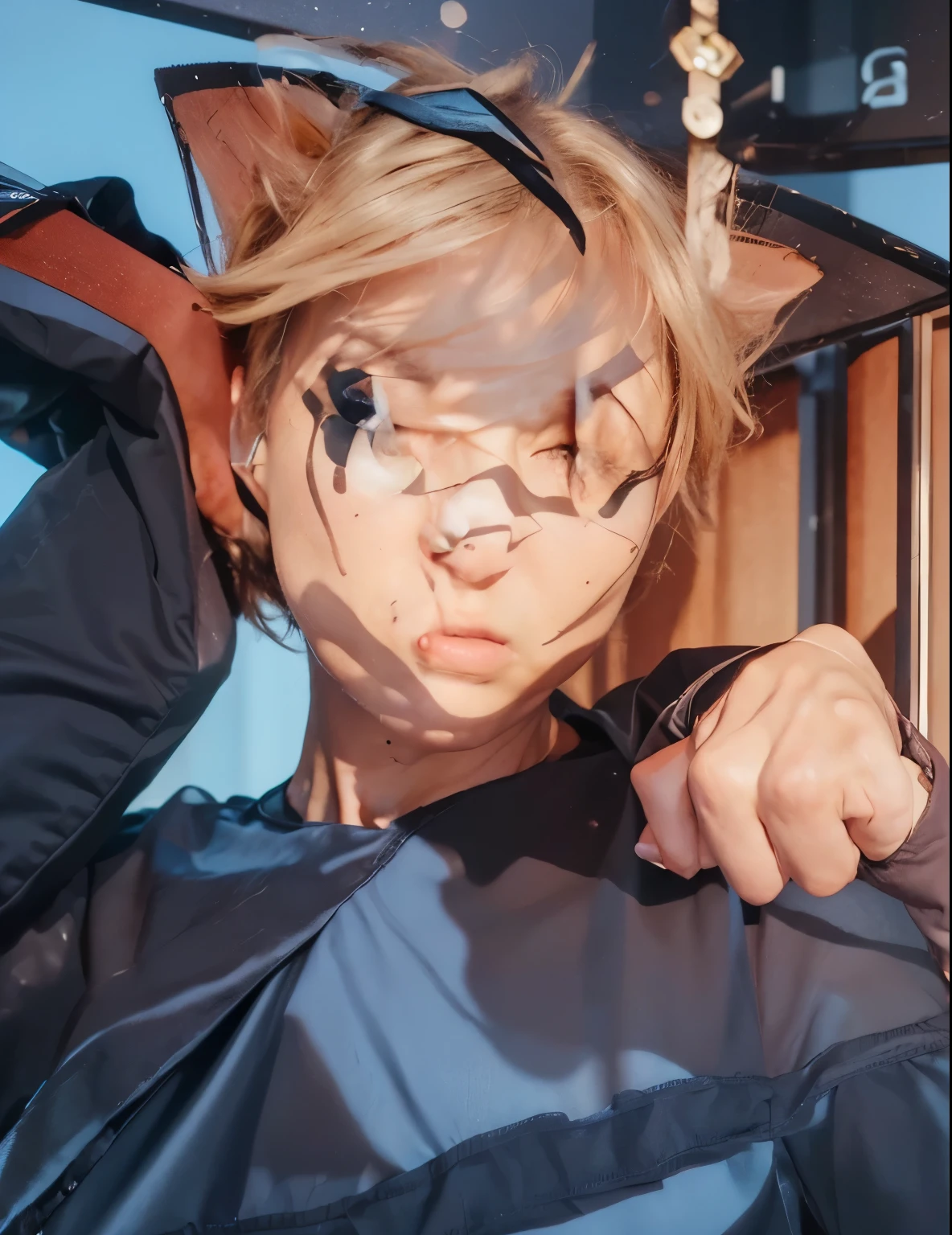 ((best quality, 8k, work: 1.3)), upper body,, sharp focus: 1.2, a man with a perfect figure, Very detailed facial and skin textures, Detailed double eyelids, Interior view, short hair, angry face, eyes angry