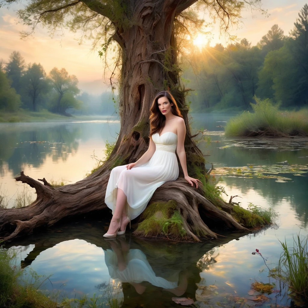 1 girl "Liv Tyler in heavenly white dress", ((enchanting)) pond setup, girl on one knee serene, far from the viewer ((dynamic cloud landscape)), ((gnarled and twisted tree trunk)), ((soft natural lighting)), digitl art, ((Vivid color palette)), best qualityer