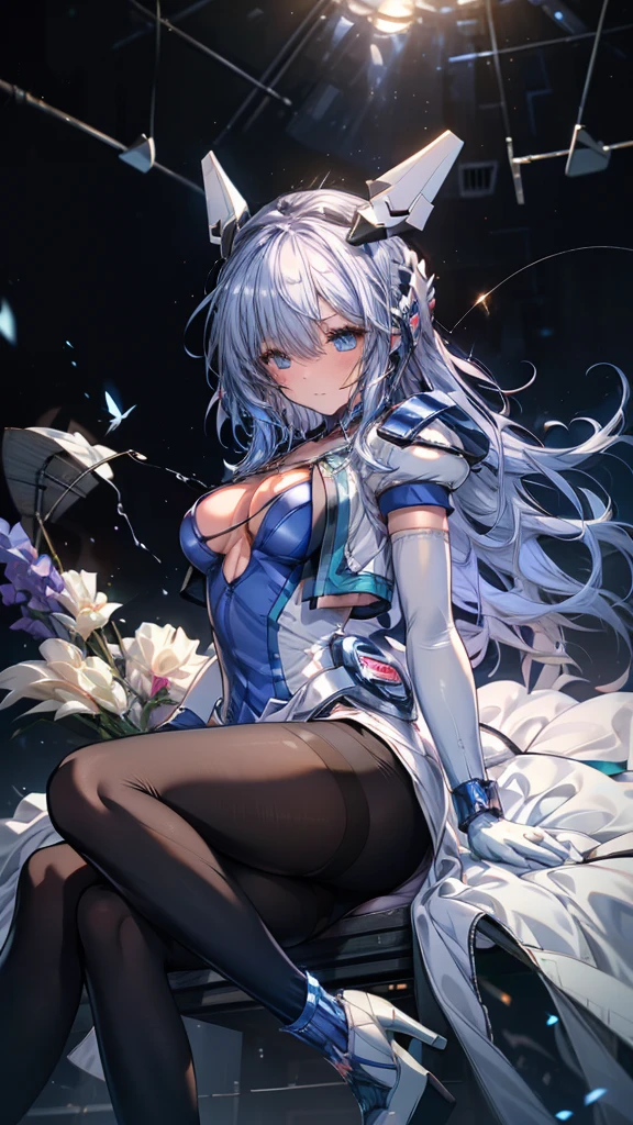 Highest quality，symphony_sugar,Light blue hair,Dark blue eyes,hair ornaments,Long Hair,White Long_Gloves,Light blue short dress,Black Pantyhose,High heels, ,Show me your boots，Gloves，elegant, 1 girl, cute, Blushed, Looking at the audience, From below, prison，Beautiful Eyes, Beautiful background, Particles of light, Light of the sun, Dramatic lighting, outside, Shiny, Realistic, Highest quality, Very detailed, Get used to it, scenery, Beautiful and detailed, Thin Hair，Full Body Shot，