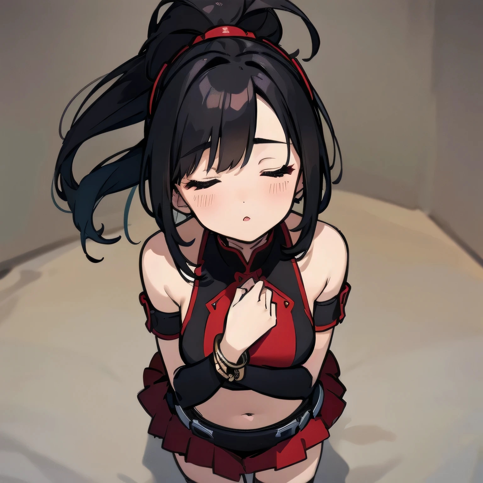 a beautiful woman with long black hair in ponytail,big black eyes,red crop top,black bracers,red skirt,tight black thigh highs,bracelet,jewelry,bare shoulders,panties,looking directly at viewer,(best quality,4k,8k,highres,masterpiece:1.2),ultra-detailed,(realistic,photorealistic,photo-realistic:1.37),vivid colors,warm lighting,portraits