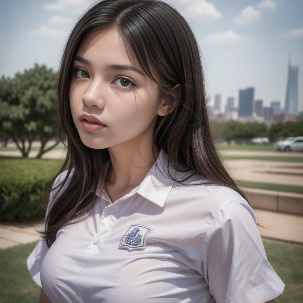 1girl, (uniform), standing, outdoors, detailed Metropolitan city at the background, (above head shot: 1.4), detailed face, detailed eyes, brunette, big breasts, smooth realistic skin, semi-curvy body, white shirt, grey blue hot miniskirt , looking at the audience, (8k, RAW photo, best quality, masterpiece: 1.2), (realistic, realistic: 1.37), ultra-high resolution