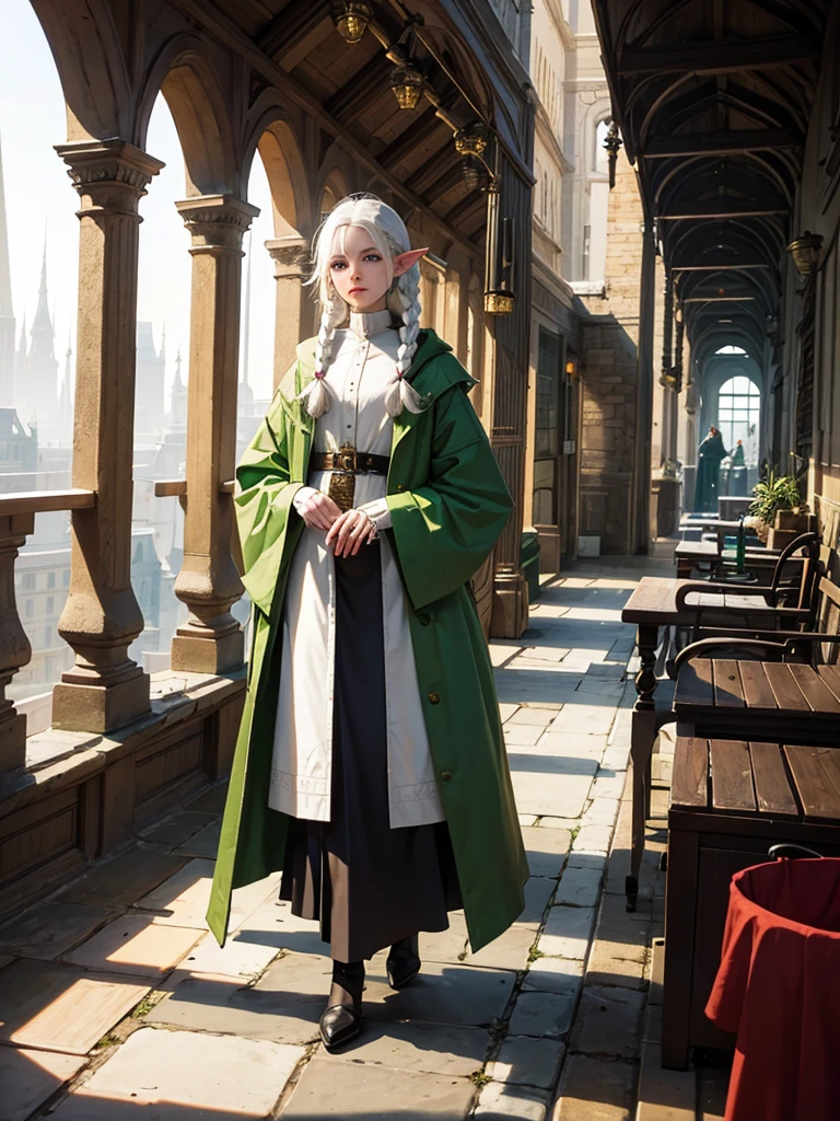An elf with white hair with small braids and green eyes in a coat with a hanging bag in her hands, a cat
