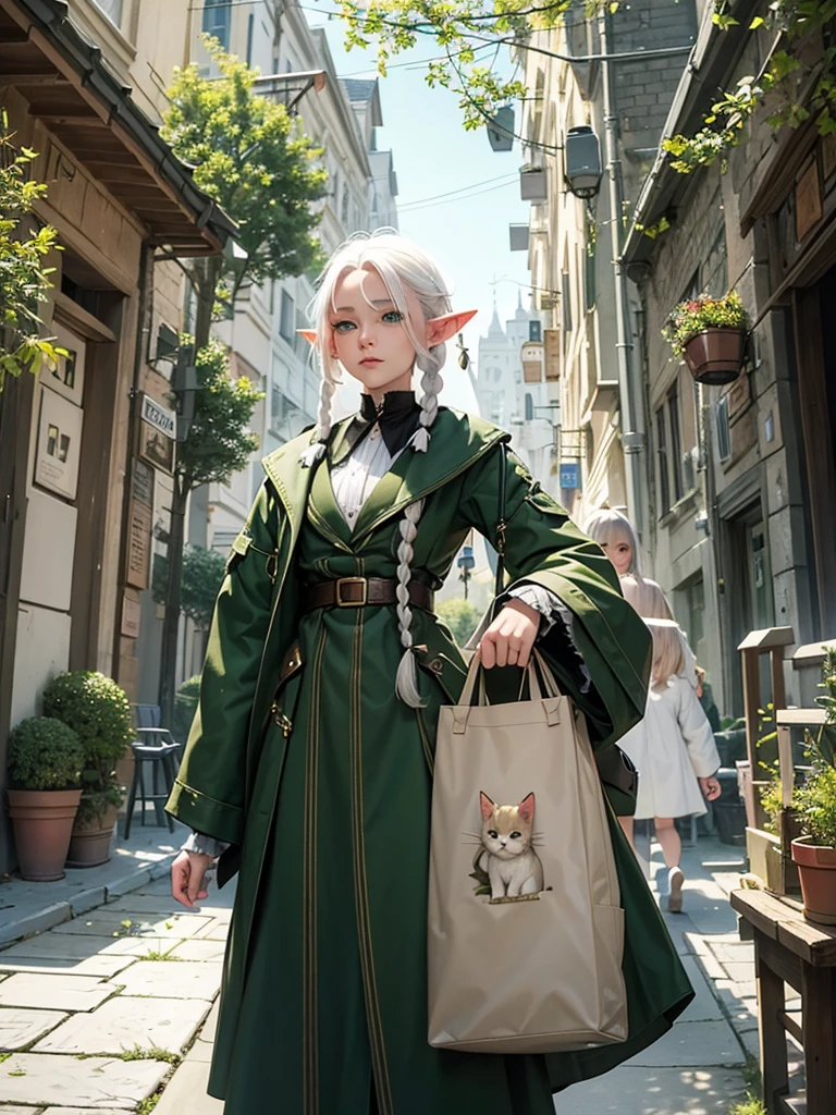 An elf with white hair with small braids and green eyes in a coat with a hanging bag in her hands, a cat