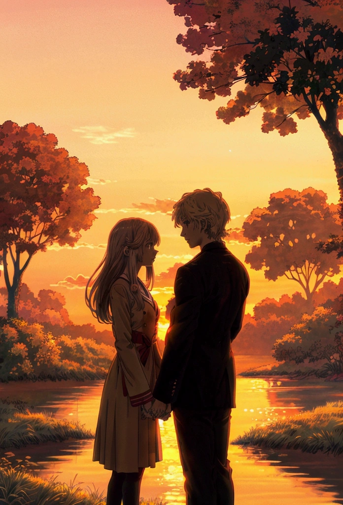 there are two people standing under a tree looking at the water, watching the sun set. anime, with sunset, with a sunset, warm beautiful scene, looking at sunset, gorgeous romantic sunset, beautiful anime scene, watching the sunset, at sunrise, at a beautiful sunset, in the sunset, 🍁 cute, at sunset in autumn, goldenhour, the most beautiful scene