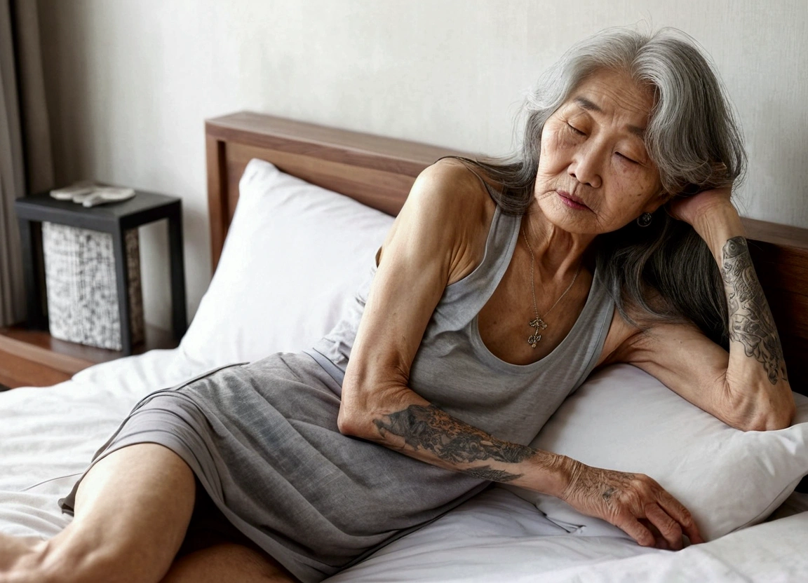 Korean grandmother, 70 years old. Long hair and grey. wrinkled skin lying sleeping on the bed. wearing a singlet and side slit mini skirt. Tattoo. Skinny.