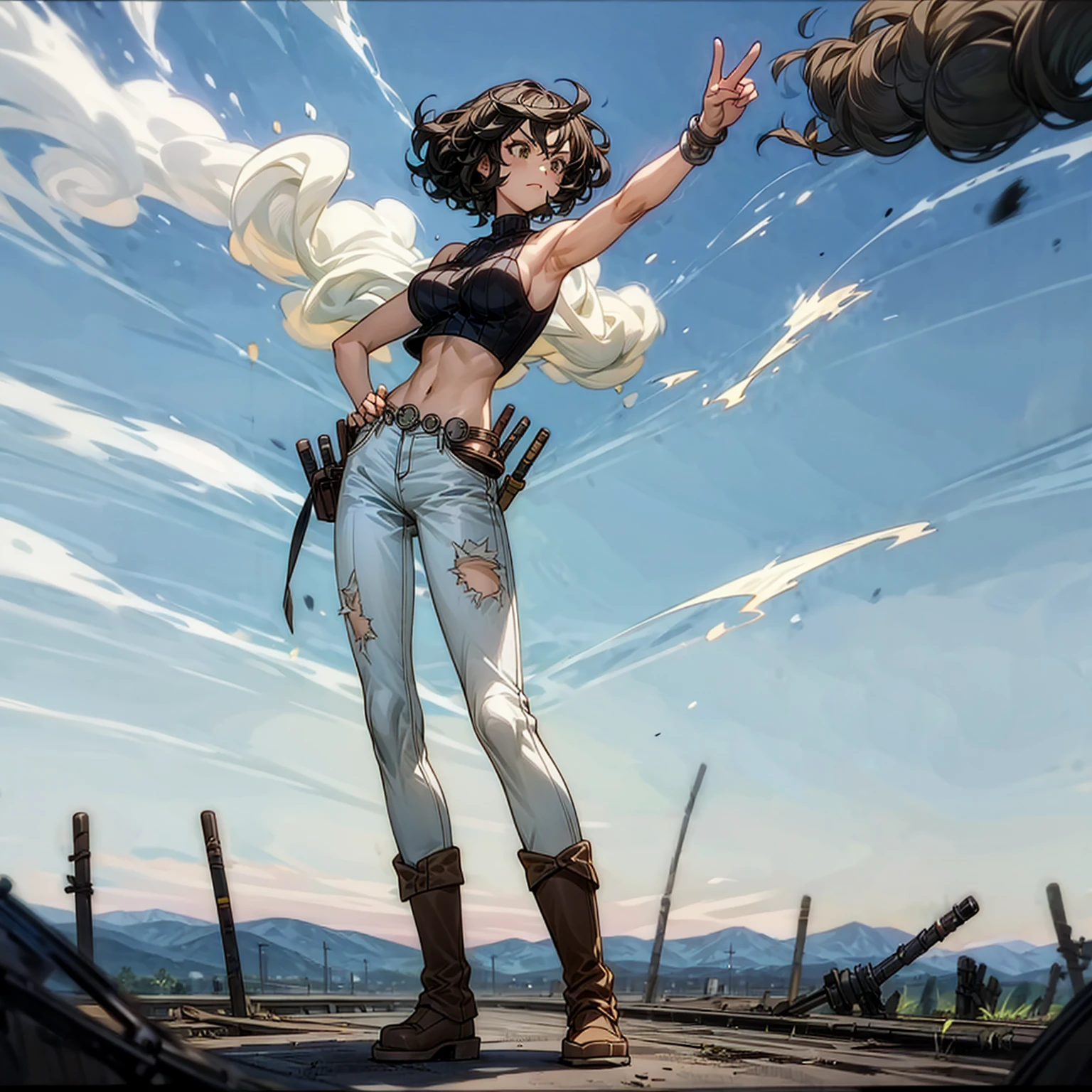 Solo, (girl), full body version, Grassroots, background in outdoor town, black hair, short Curly haircut, green eyes, White singlet t-shirt, long jeans, brown shoes, standing battle gesture, revolver in hand, smoke effect, Fire effect, smiley face, Big breasts 
