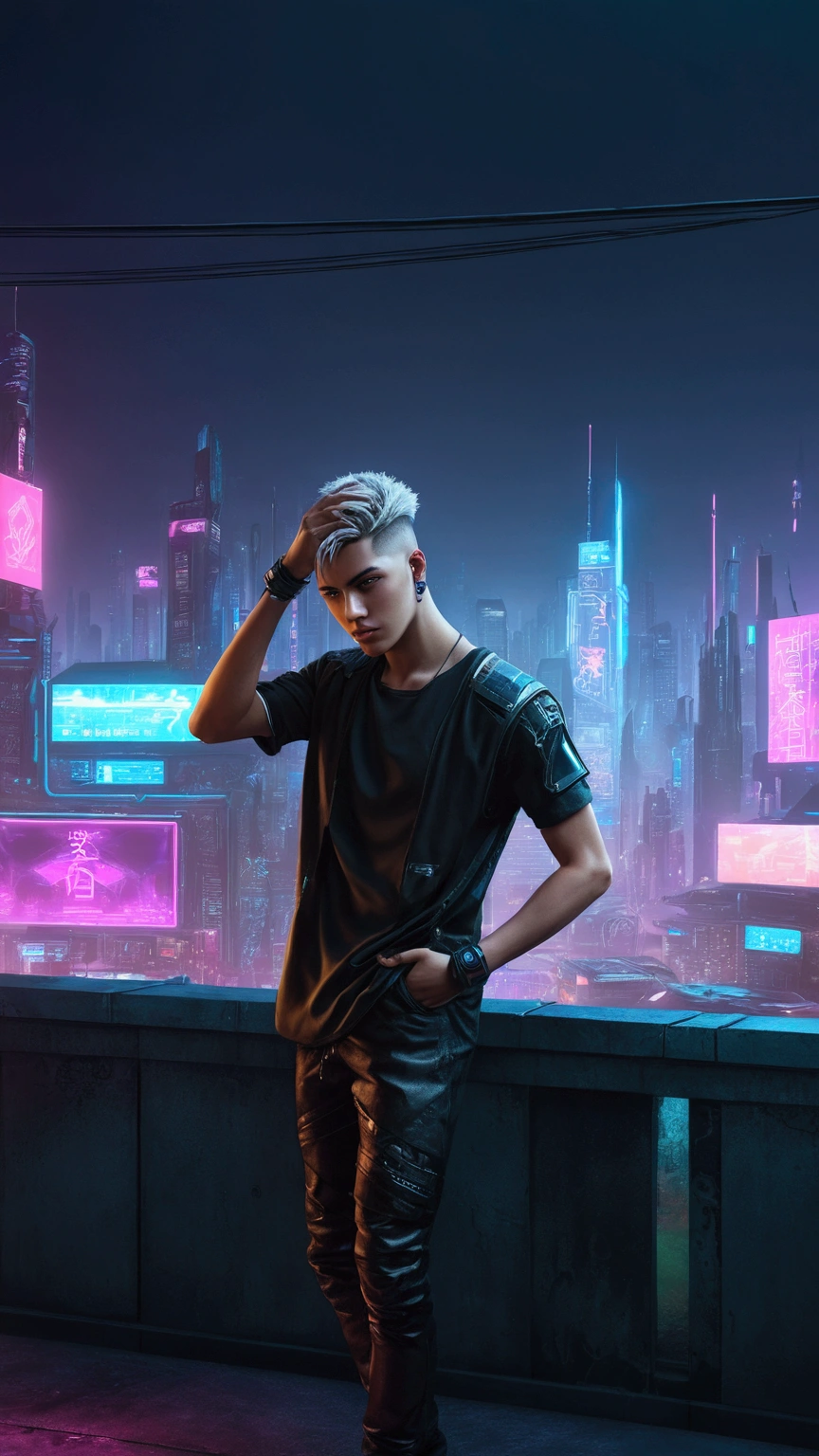 Change background cyberpunk, handsome boy, realistic, 8k