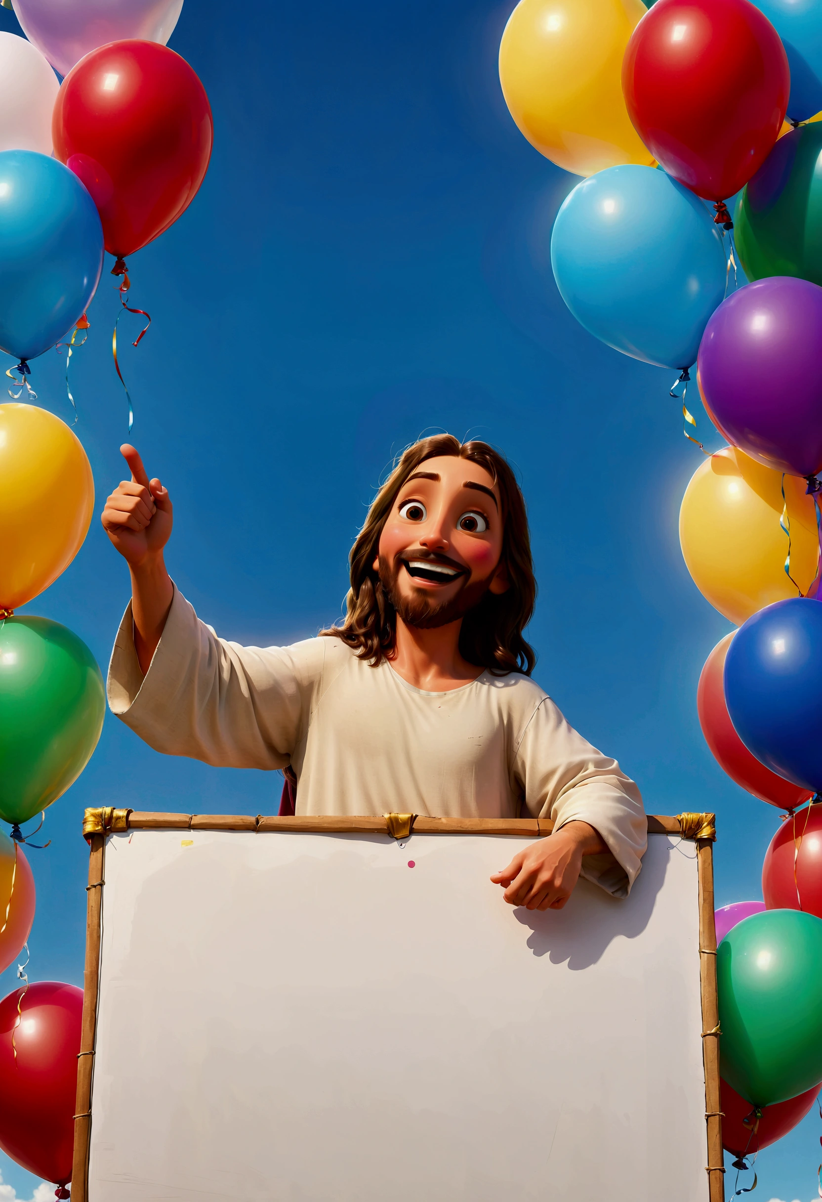 Happy Jesus, holding a white board, background full light bulbs, colorful balloons, style pixar anime