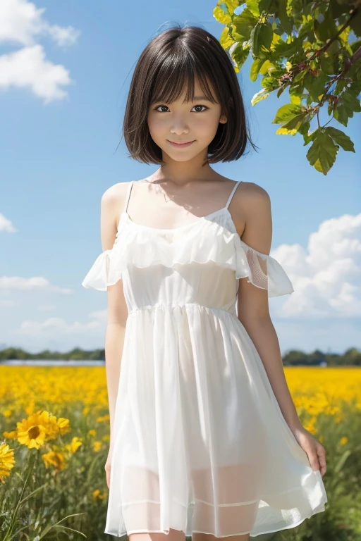 (8k),(masterpiece),(Japanese),(10 year old girl),((Innocent look)),((Childish)),from the front,smile,cute,超cute,Innocent,Kind eyes,White camisole dress,(((Sheer dress))),((The skin is clearly visible)),(Nipples are visible through the fabric),Décolletage,(((Embarrassing))),Shy,Hair blowing in the wind,Black Hair,(Child body type),Somewhat strong wind,noon,bright,Flower Field