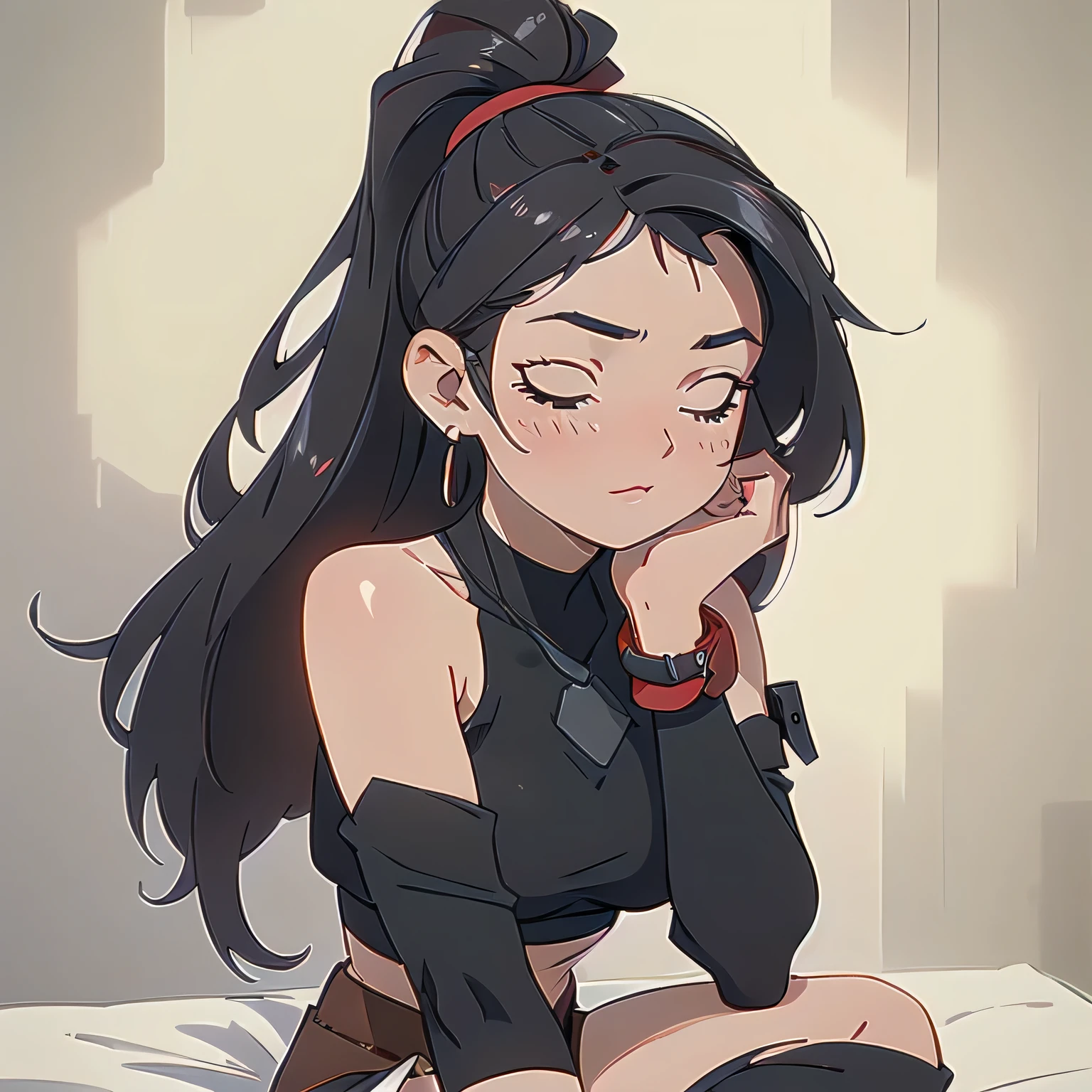 a beautiful woman with long black hair in ponytail,big black eyes,red crop top,black bracers,red skirt,tight black thigh highs,bracelet,jewelry,bare shoulders,panties,looking directly at viewer,(best quality,4k,8k,highres,masterpiece:1.2),ultra-detailed,(realistic,photorealistic,photo-realistic:1.37),vivid colors,warm lighting,portraits