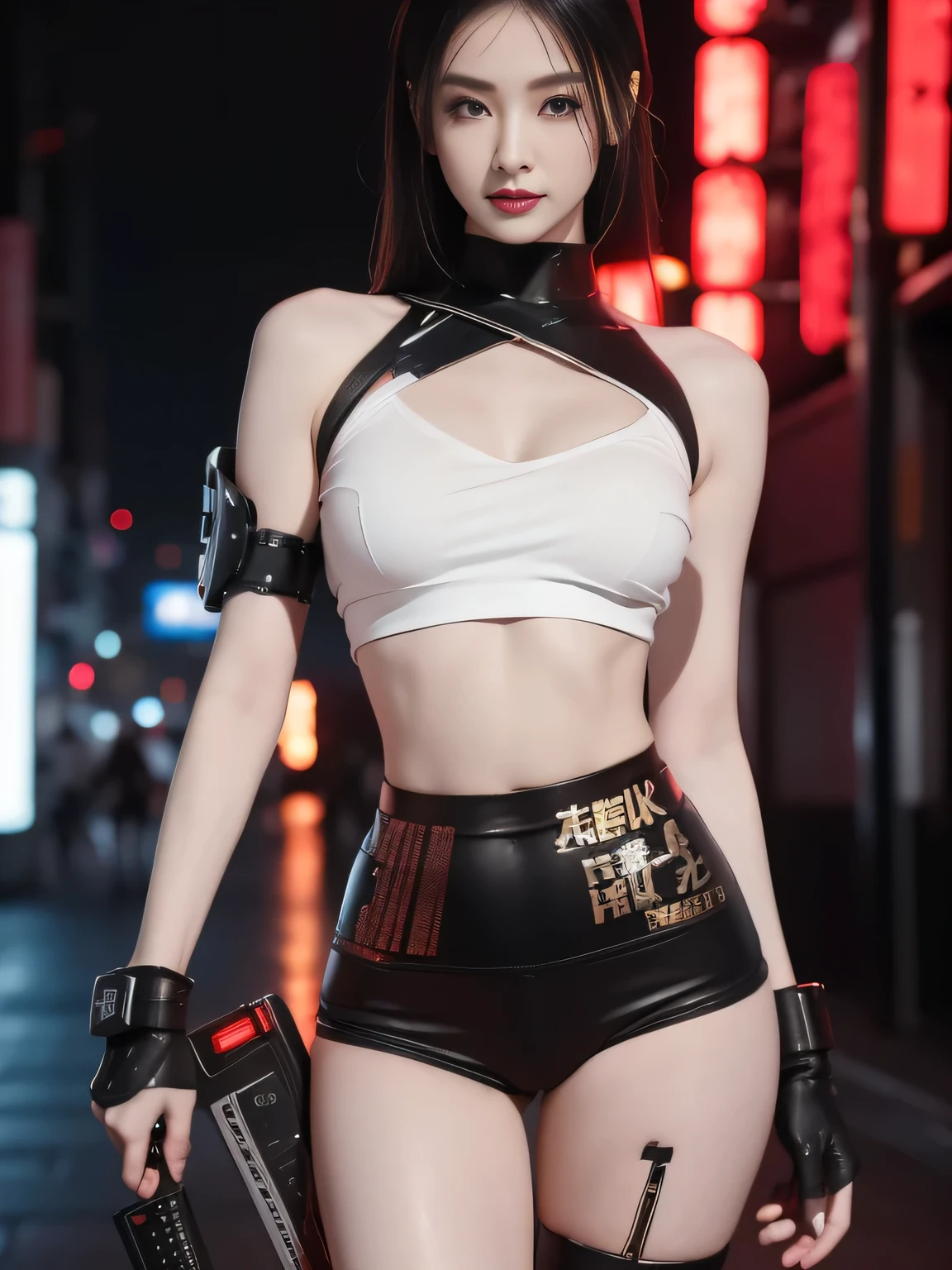 a Futuristic female warrior holding a katana, (Delicate skin), Pale skin, (in a deep neckline highly detailed sexy Futuristic cyberpunk black crop top and underpants made of circuit boards, Japanese words with glitter effect, Beautiful epic work, Futuristic, masterpiece, is attractive, group photo