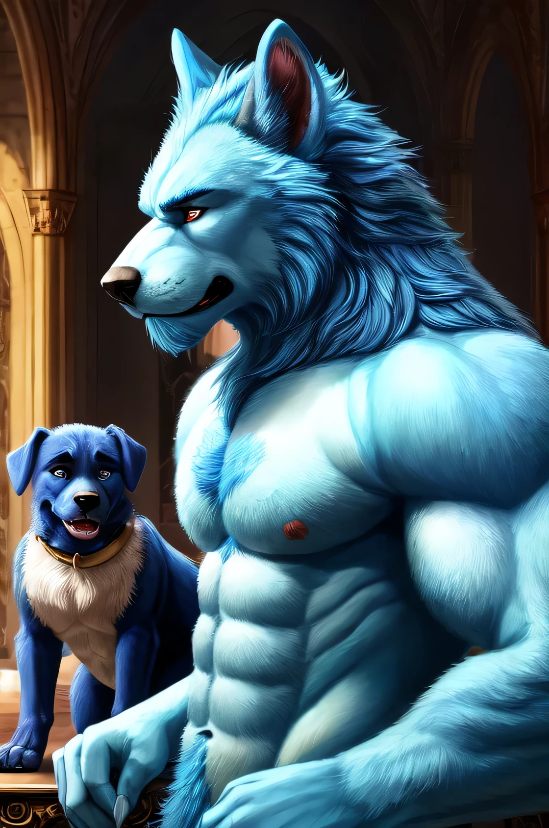 ((best quality)), ((masterpiece)), detailed face, large male beast and a puppy version of the same male, chiseled abs, chisled festures, detailed eyes, puppy soft blue fur, male with long blue fur and horns and tail, beauty and the beast style beast, 2 dogs of the same style, small blue dog