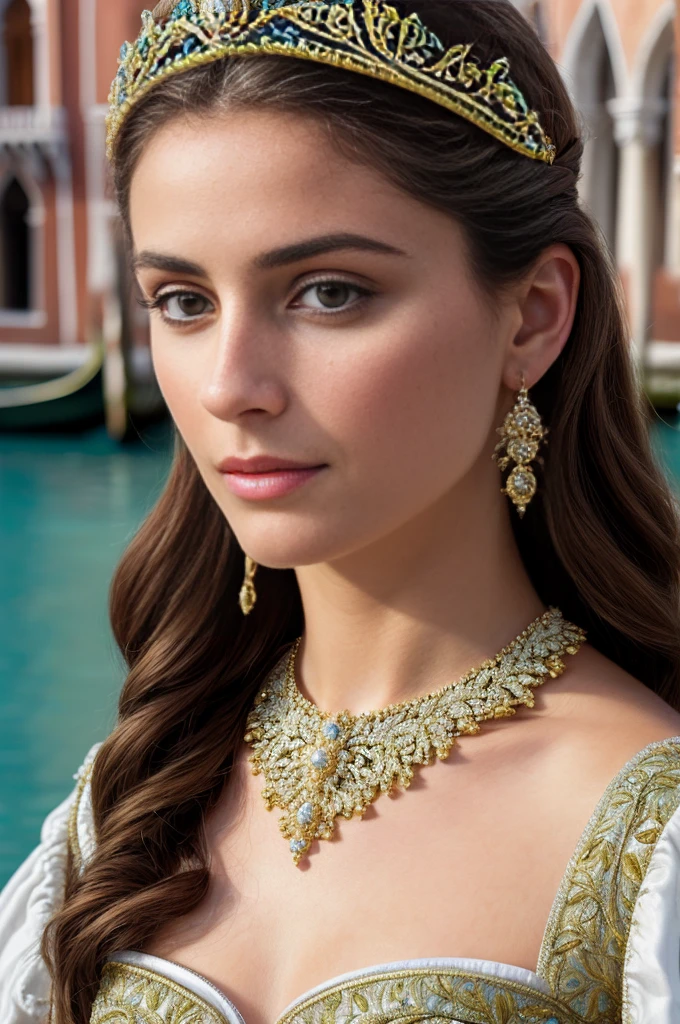 ((hyperrealistic, Photorealistic, 8k, intricate details)) A beautiful young Venetian woman, princess of Venice, queen of&#39;Italy, with light brown hair, peau soyeuse, full , et robe longue assise sur le toit d&#39;a Los Angeles skyscraper at sunrise. The sky has a few stars from last night. Elle regarde curieusement l&#39;horizon with&#39;émerveillement dans les yeux, dans une belle et délicate gravure. She seems lost in thought as the wind slowly passes through her hair., head of&#39;artwork, best quality, ultra-detailed, bare, Outside (warm hue, ton chaud): 1.2), toe, cinematic light, Soft side lighting, ultra haute résolution, best shadow, BRUT, Haut du corps.