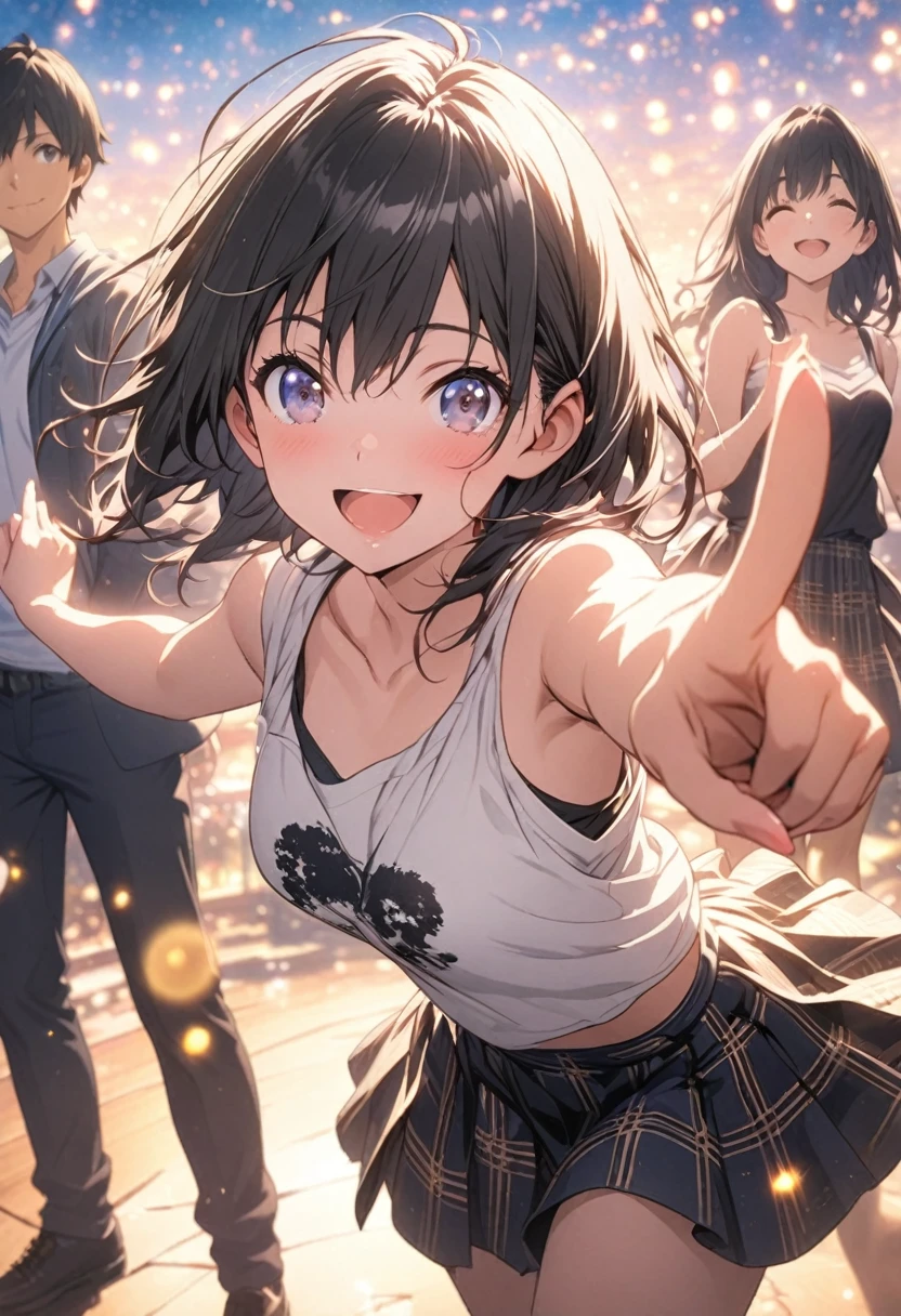 masterpiece, Highest quality, Highly detailed CG Unity 8K wallpapers, High School Girl Anime Illustration. Wear an oversized tank top, She is wearing a red and black checked skirt, Koi Dance, Pointing the index fingers of both hands, she has her eyes closed and mouth open, smile. Black Hair, black eye, twins, bokeh photography, (soft focus):1.2, out-of-focus highlights, dreamy ambiance, glowing circles, mesmerizing depth, The background is a realistic landscape