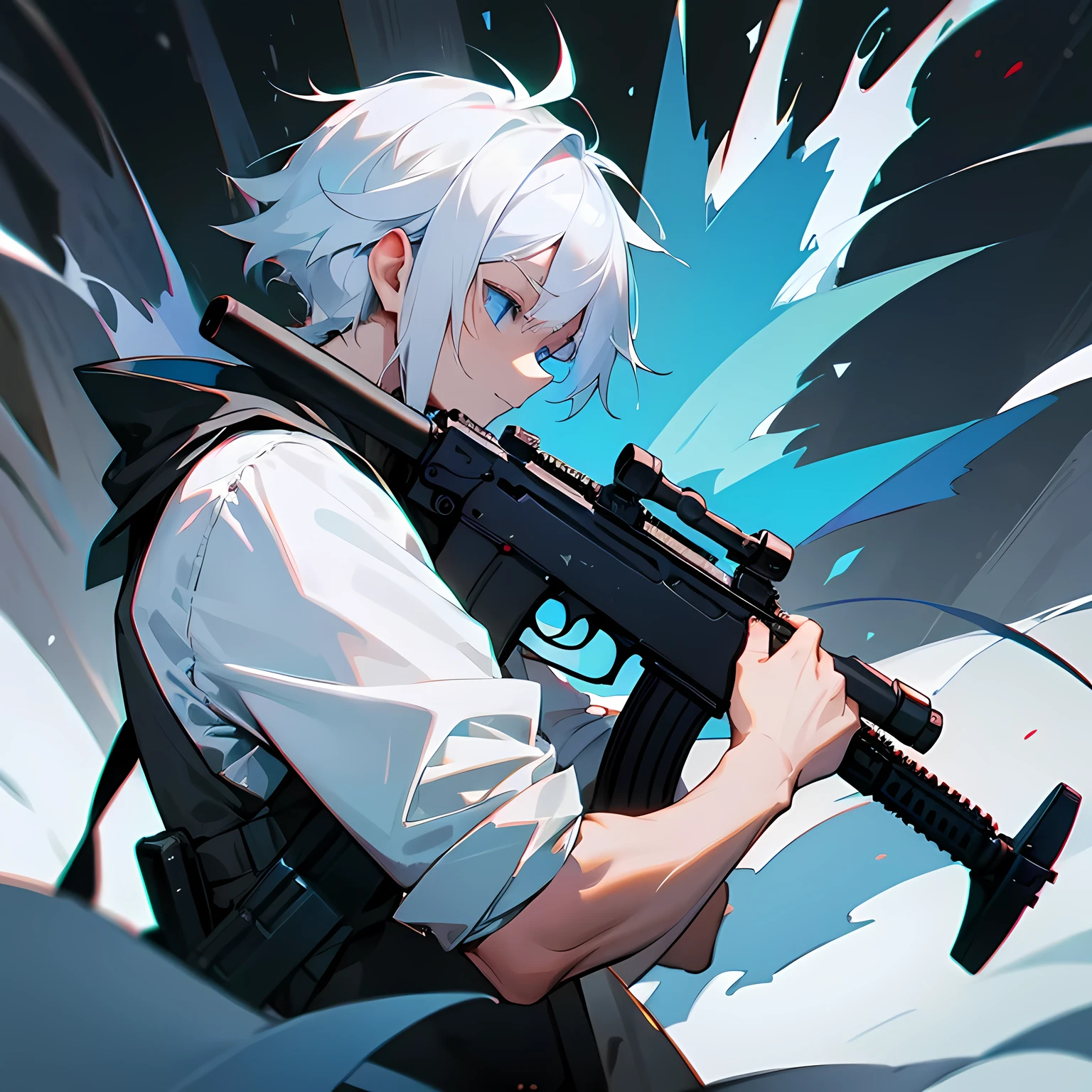 White hair-blue eyes boy, shooting beasts in bursts with assault rifle face to face , forest
