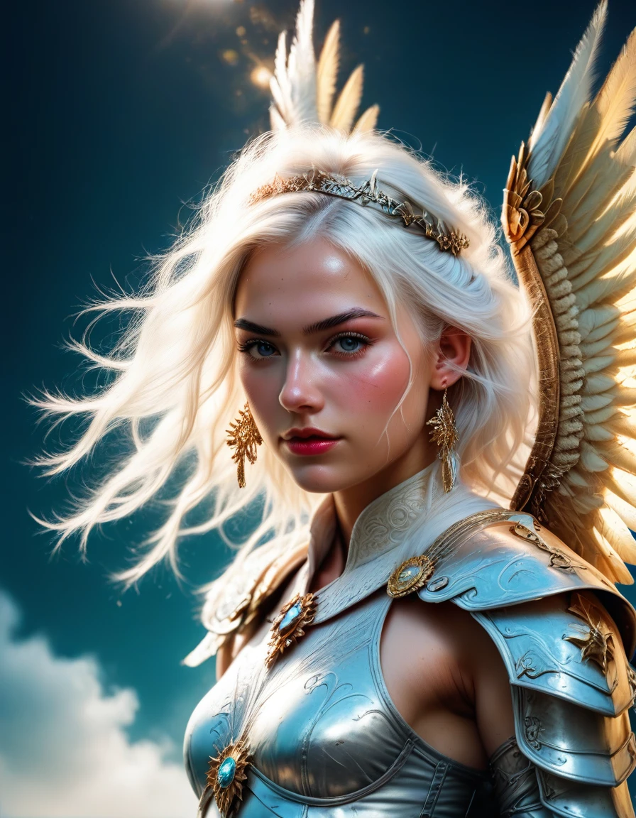 Prompt:

Create a digital illustration of an angel warrior, depicted with heavenly beauty and stunning detail. The warrior should have long, white hair that falls in soft waves. She should have a slender physique, with small breasts, and be clad in intricately detailed armor that reflects her divine nature. Include majestic wings that extend outwards, and a glowing aura emanating from her, creating an ethereal and celestial feel. The image should be of high quality, with a resolution of 4K to 8K to capture the rich detail and texture of the armor. Use ultra-detailed and realistic rendering techniques to ensure a photorealistic look with HDR and UHD. Studio lighting should enhance the vibrant colors and create a subtle bokeh effect in the background, providing an artistic and refined touch. The composition should feature ultra-fine painting, with sharp focus and extreme detail for a professional and mesmerizing rendering. Emphasize vivid colors and contrast to highlight her celestial aura and intricate armor, resulting in a visually stunning fantasy and concept artwork. Ensure that every aspect is meticulously detailed (1.2), from her intricately drawn face (1.2) to the vibrant gradients and tones that bring the scene to life. Her eyes, full of depth and detail (1.2), should draw the viewer in, against a richly detailed background and landscape. Employ a dynamic angle (1.2) and pose (1.2), adhering to the rule of thirds (1.3) and incorporating a strong line of action (1.2) for a compelling composition. The shot should capture a wide view, bathed in light, highlighting her solitary, alluring presence and exposed skin. Render this scene in 8K resolution with HDR.