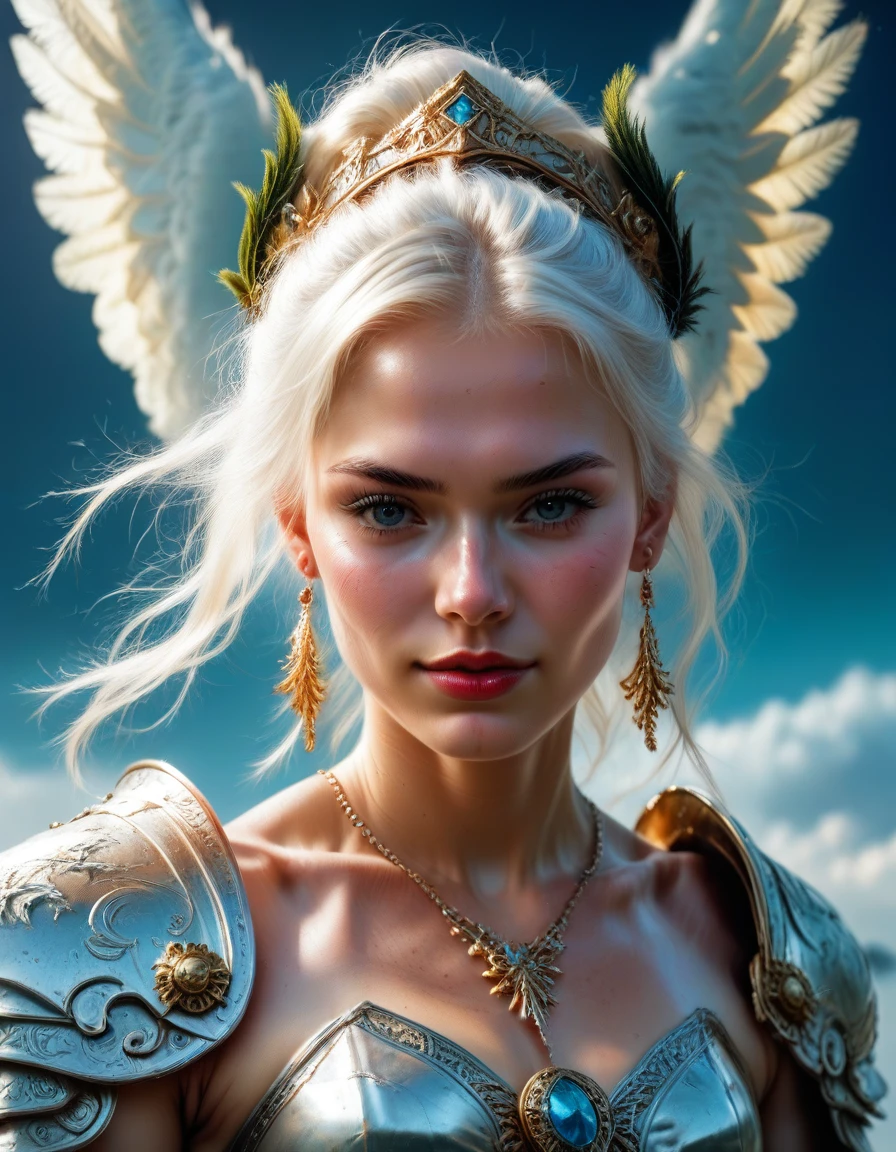 Prompt:

Create a digital illustration of an angel warrior, depicted with heavenly beauty and stunning detail. The warrior should have long, white hair that falls in soft waves. She should have a slender physique, with small breasts, and be clad in intricately detailed armor that reflects her divine nature. Include majestic wings that extend outwards, and a glowing aura emanating from her, creating an ethereal and celestial feel. The image should be of high quality, with a resolution of 4K to 8K to capture the rich detail and texture of the armor. Use ultra-detailed and realistic rendering techniques to ensure a photorealistic look with HDR and UHD. Studio lighting should enhance the vibrant colors and create a subtle bokeh effect in the background, providing an artistic and refined touch. The composition should feature ultra-fine painting, with sharp focus and extreme detail for a professional and mesmerizing rendering. Emphasize vivid colors and contrast to highlight her celestial aura and intricate armor, resulting in a visually stunning fantasy and concept artwork. Ensure that every aspect is meticulously detailed (1.2), from her intricately drawn face (1.2) to the vibrant gradients and tones that bring the scene to life. Her eyes, full of depth and detail (1.2), should draw the viewer in, against a richly detailed background and landscape. Employ a dynamic angle (1.2) and pose (1.2), adhering to the rule of thirds (1.3) and incorporating a strong line of action (1.2) for a compelling composition. The shot should capture a wide view, bathed in light, highlighting her solitary, alluring presence and exposed skin. Render this scene in 8K resolution with HDR.