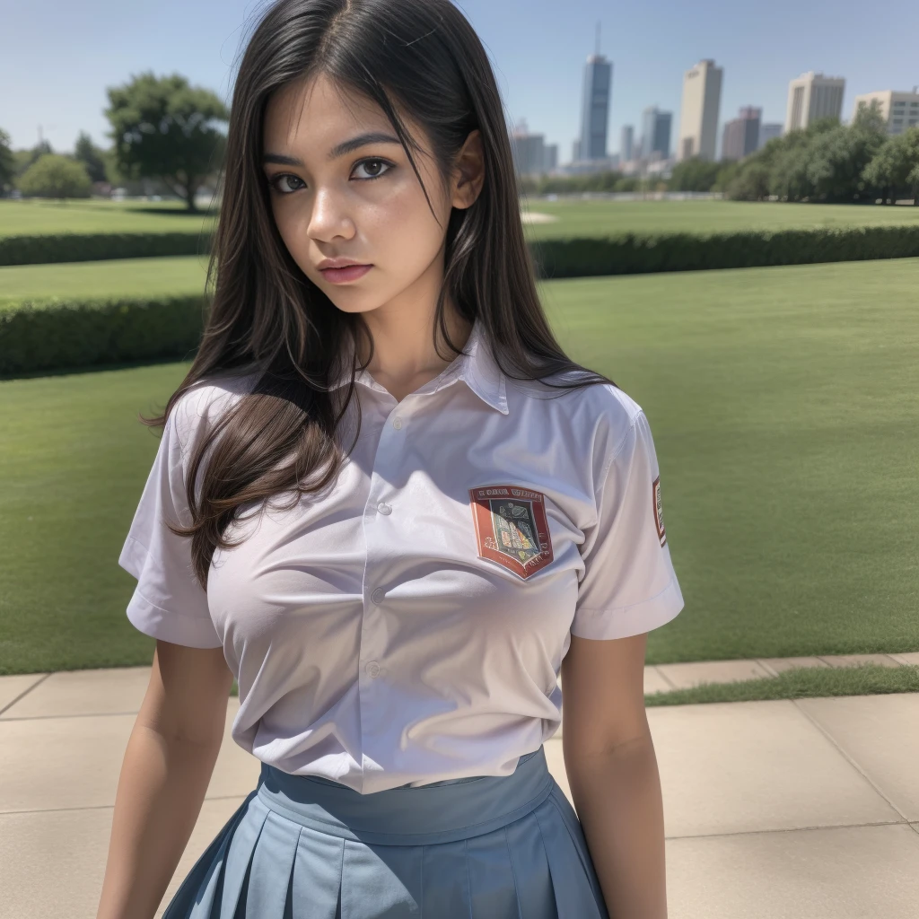 1girl, (uniform), standing, outdoors, detailed Metropolitan city at the background, (above head shot: 1.4), detailed face, detailed eyes, brunette, big breasts, smooth realistic skin, semi-curvy body, white shirt, grey blue hot miniskirt , looking at the audience, Full body shot, (8k, RAW photo, best quality, masterpiece: 1.2), (realistic, realistic: 1.37), ultra-high resolution