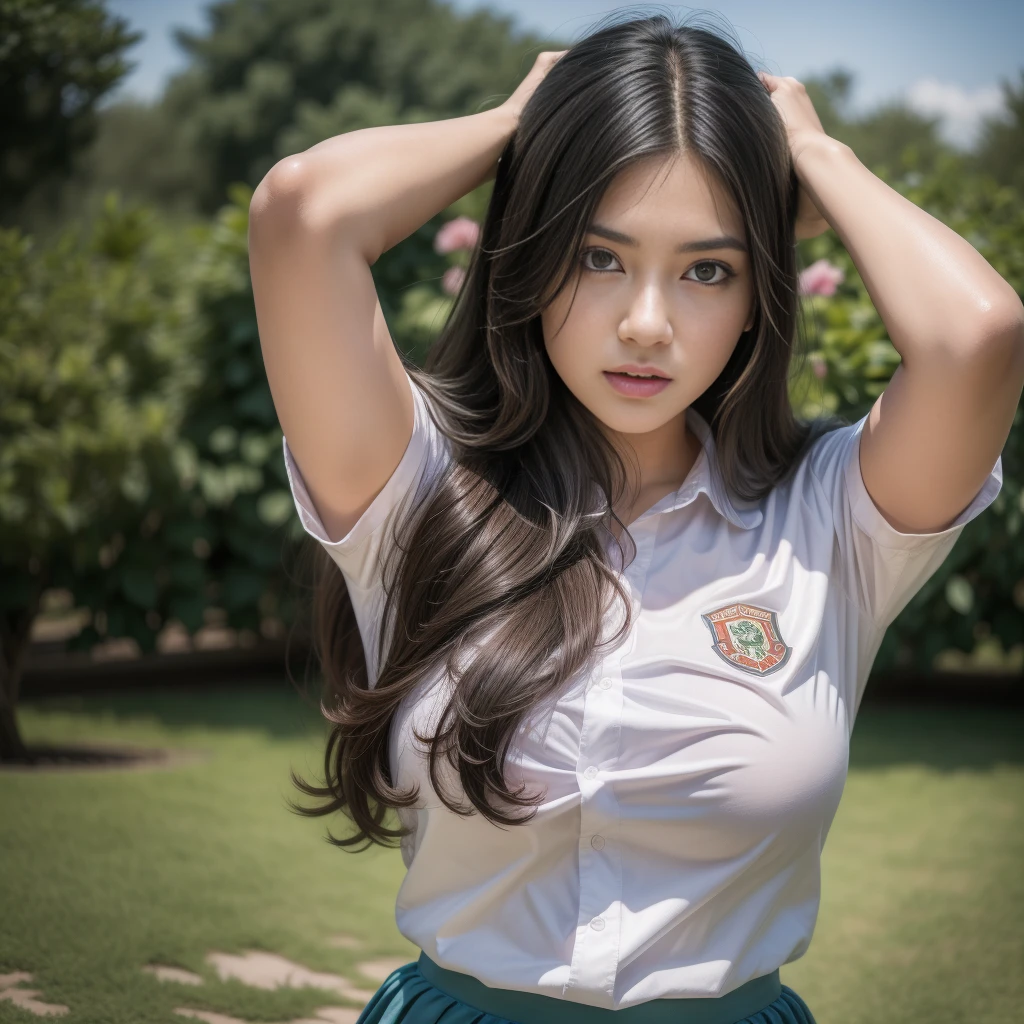 1girl, (uniform), standing, outdoors, detailed Metropolitan city at the background, (above head shot: 1.4), detailed face, detailed eyes, brunette, big breasts, smooth realistic skin, semi-curvy body, white shirt, grey blue hot miniskirt , looking at the audience, Full body shot, (8k, RAW photo, best quality, masterpiece: 1.2), (realistic, realistic: 1.37), ultra-high resolution
