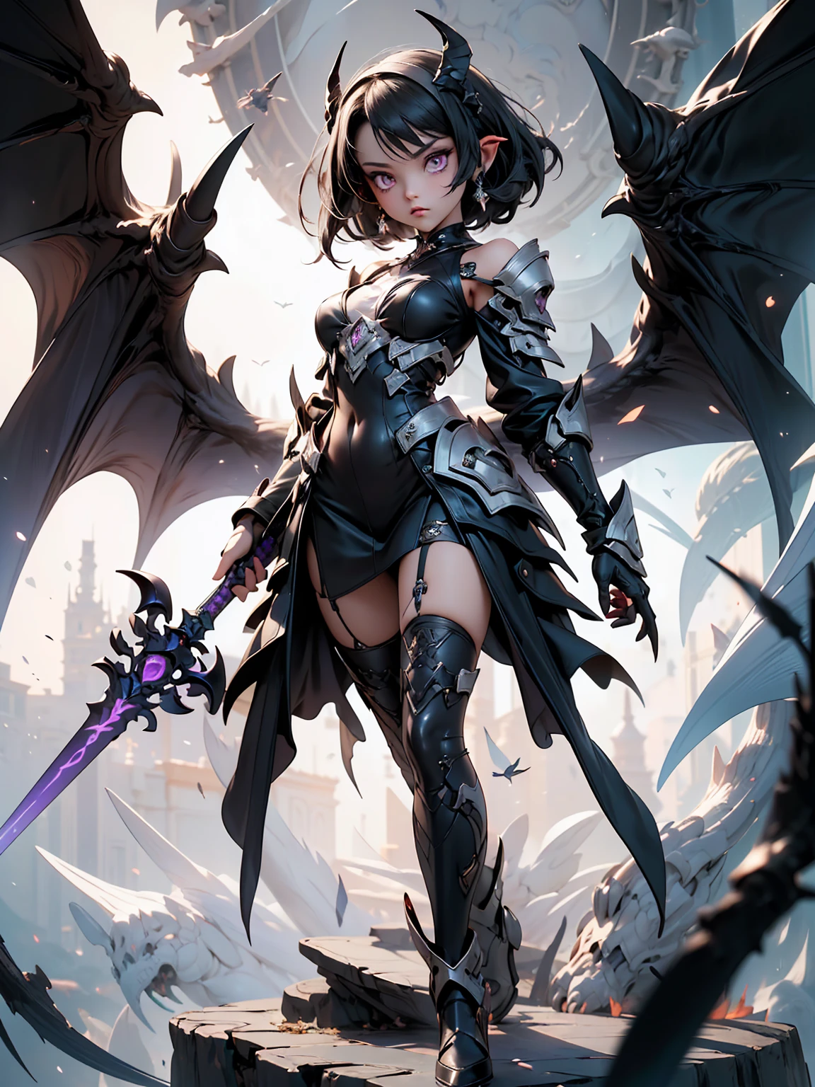 ((masterpiece, best quality, 8k))A captivating artwork of a darkly enchanting female character in a shadowy, magical setting. She wears dark and magical clothes in black and purple, perfectly matching her mysterious aura. Her short black hair and crimson eyes exude an intense beauty. She wields a dark staff, emanating a foreboding power.
